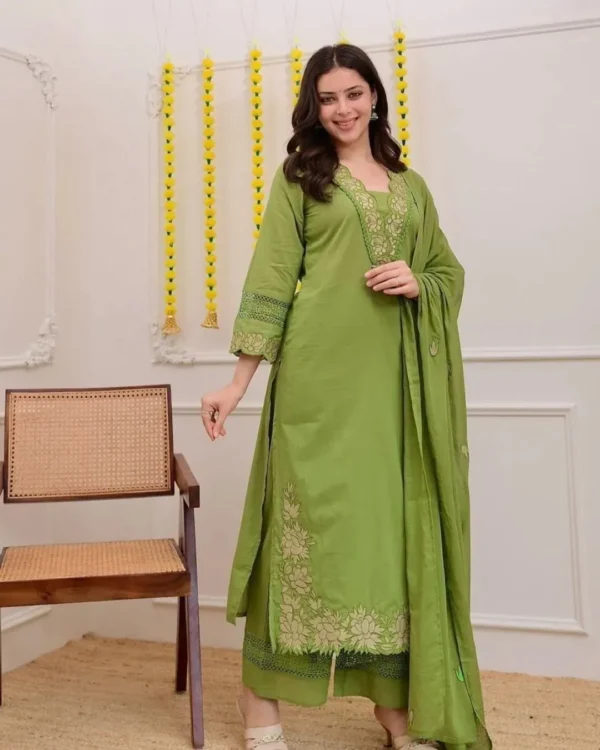 Green Cotton Kurti Pant With Dupatta