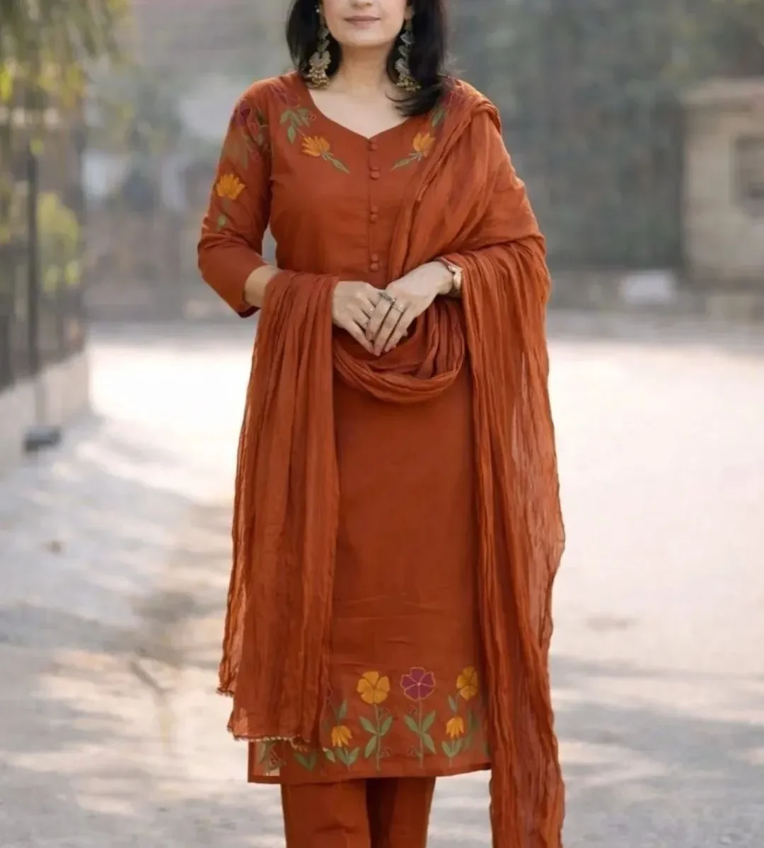 Floral Print Cotton Kurti Pant With Dupatta
