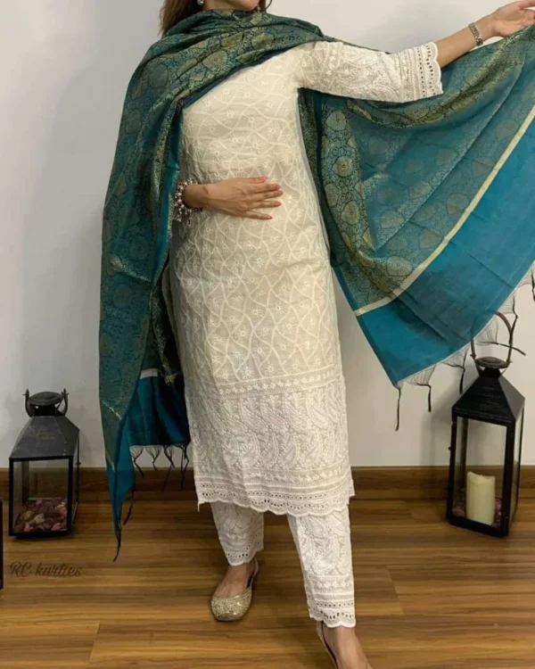 White Chikankari Cotton Kurti With Banarasi Dupatta​