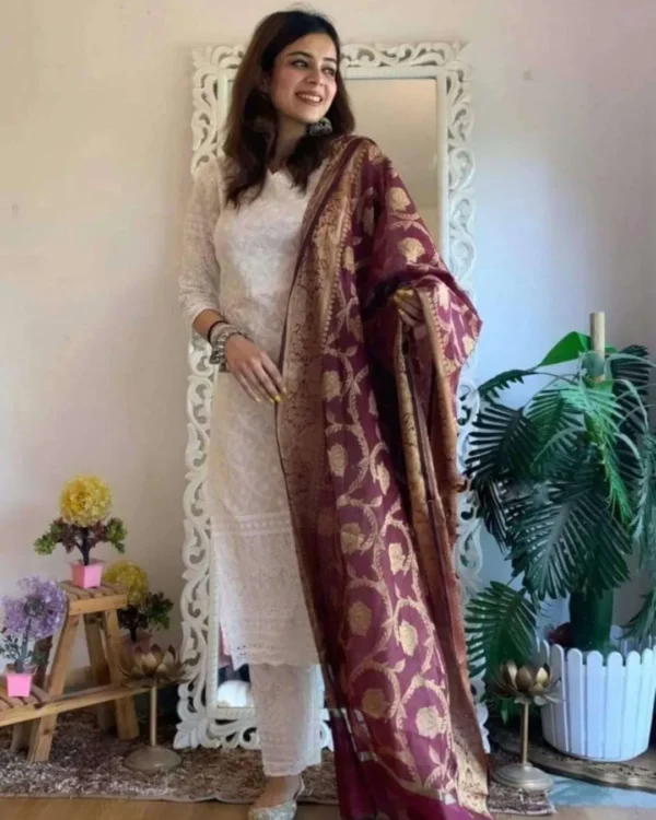 White Chikankari Kurti Cotton With Dupatta Set