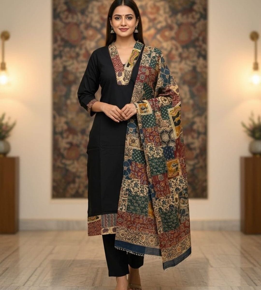 Cotton Black Printed Kurti Pant Set
