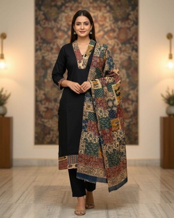 Cotton Black Printed Kurti Pant Set