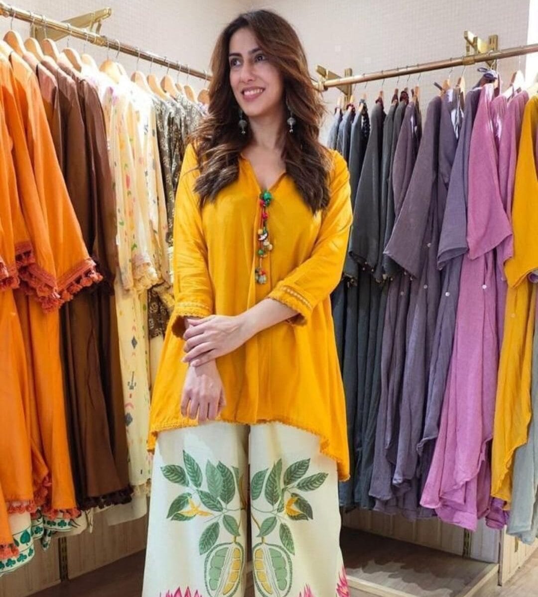 Mustard Yellow Kurti With White Pants Set