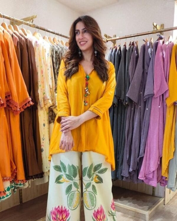 Mustard Yellow Kurti With White Pants Set