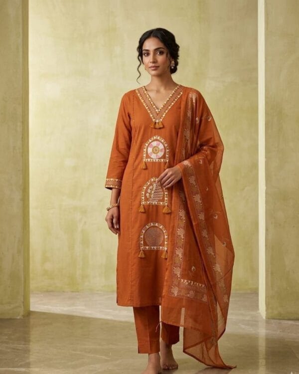 Dark Brown Color Kurti Pant With Dupatta Set