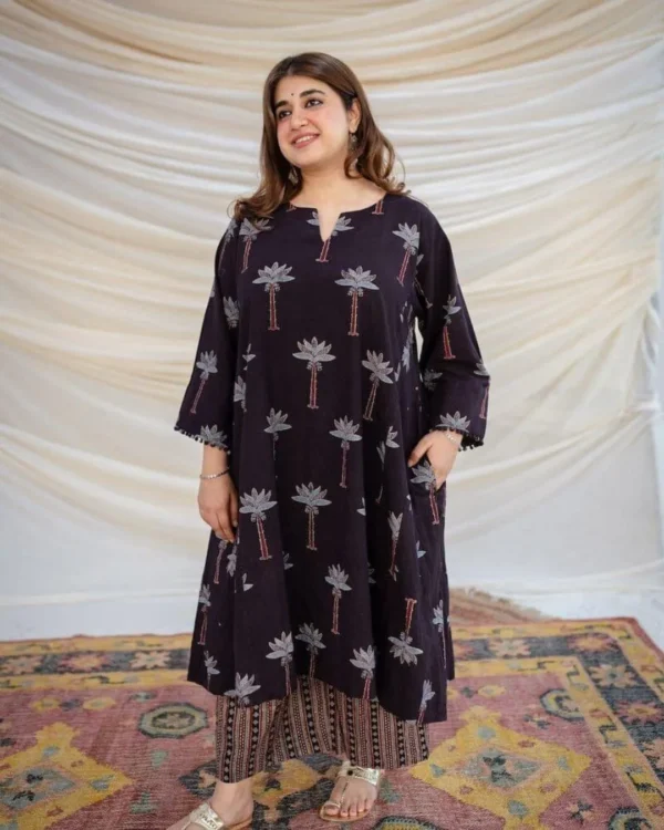 Cotton Black Printed Kurti Pant Set