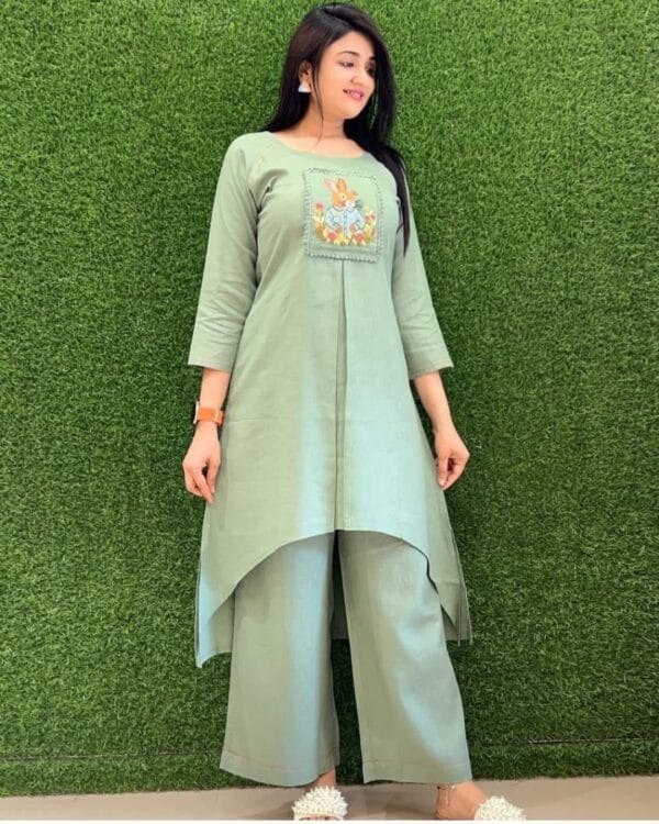 Green Cotton Printed Kurti With Pant Set​