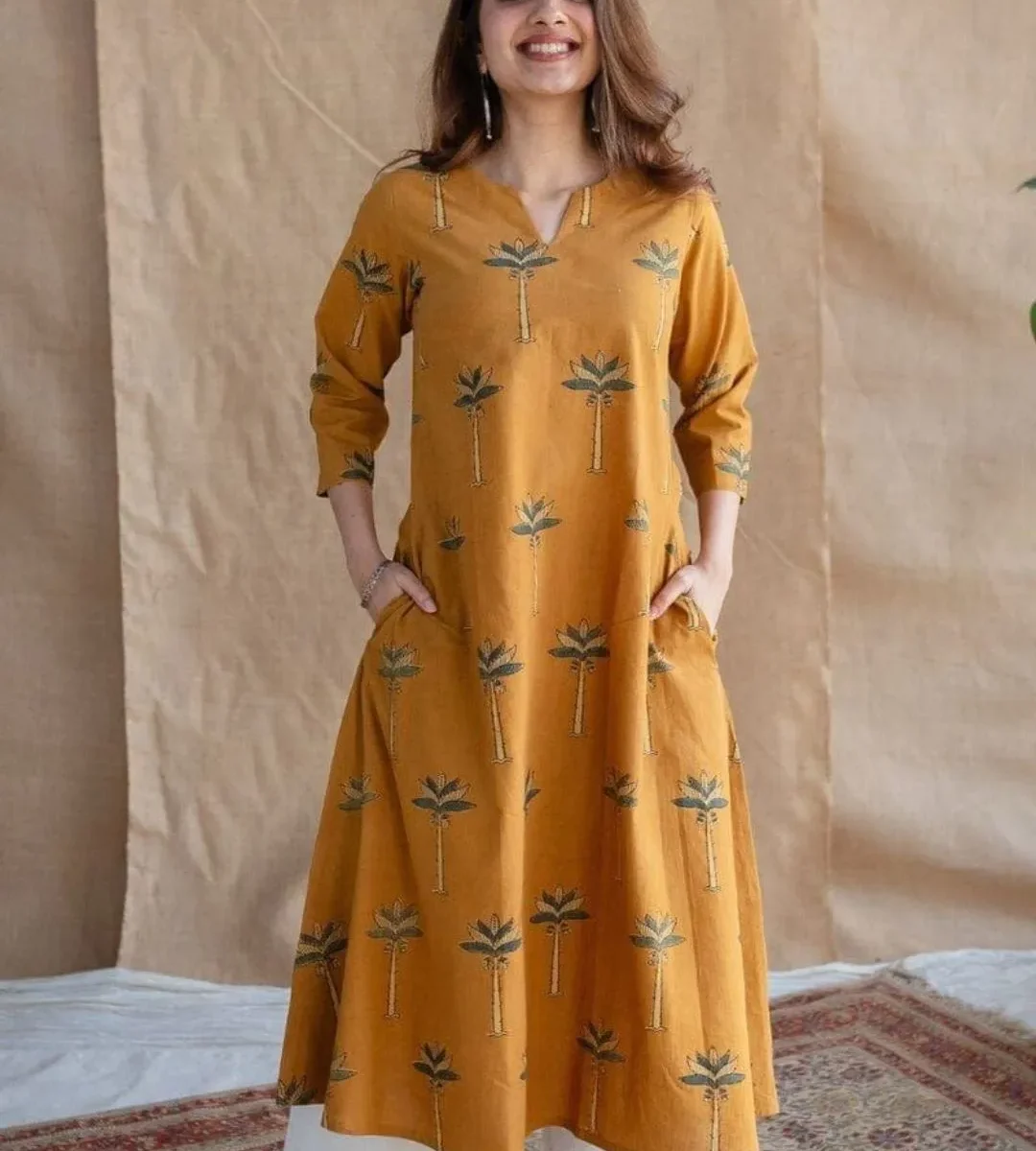 Mustard Yellow Kurti With White Pants Set