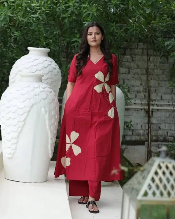 Cotton Red Printed Kurti With Pant