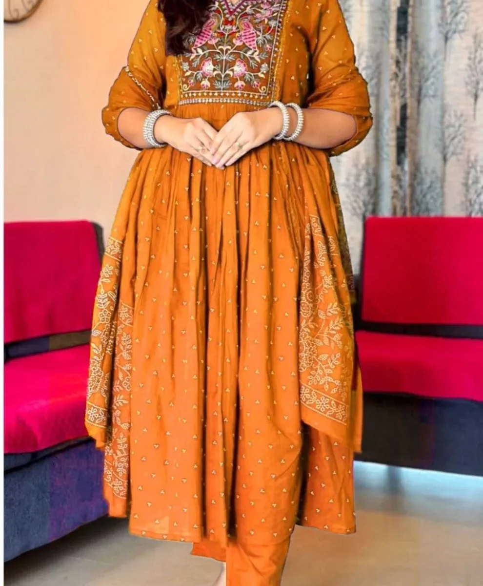 Rayon Orange Kurti Pant With Dupatta