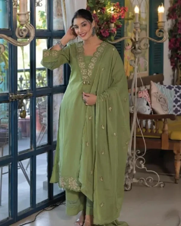 Green Cotton Kurti Pant With Dupatta