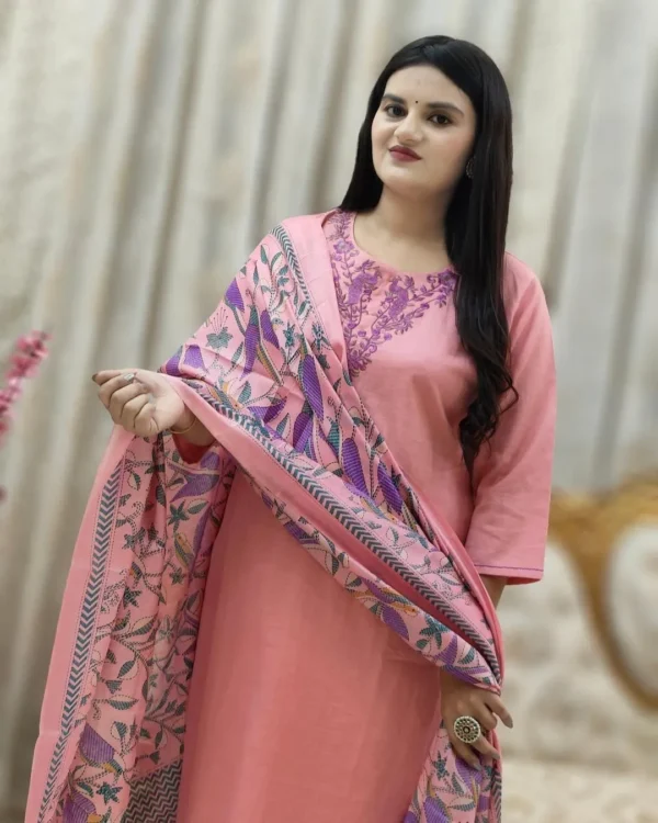 Cotton Slub Pink Kurti Pant With Dupatta