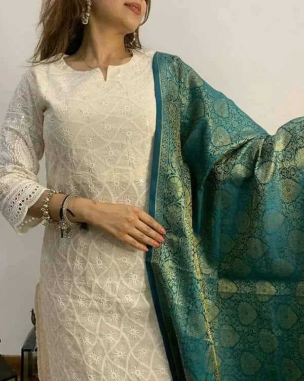 White Chikankari Cotton Kurti With Banarasi Dupatta​