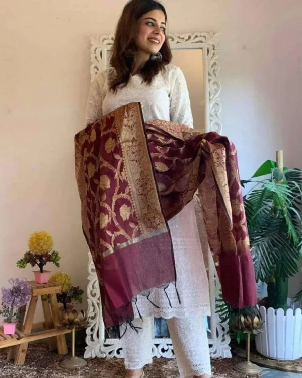 White Chikankari Kurti Cotton With Dupatta Set