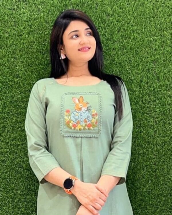 Green Cotton Printed Kurti With Pant Set​