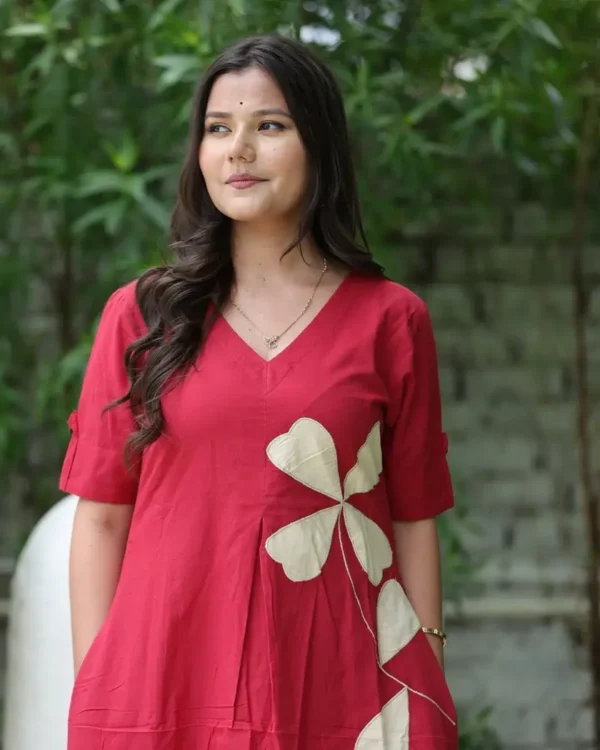 Cotton Red Printed Kurti With Pant
