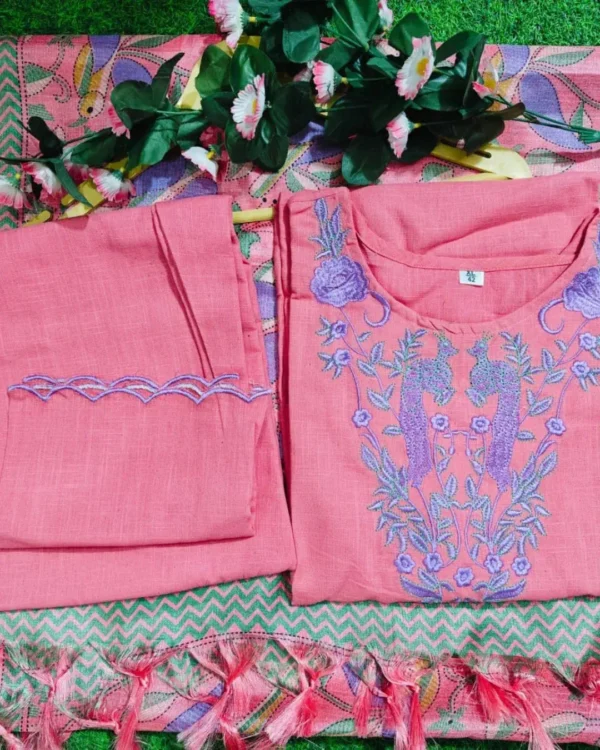 Cotton Slub Pink Kurti Pant With Dupatta