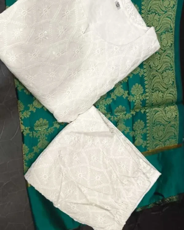 White Chikankari Cotton Kurti With Banarasi Dupatta​