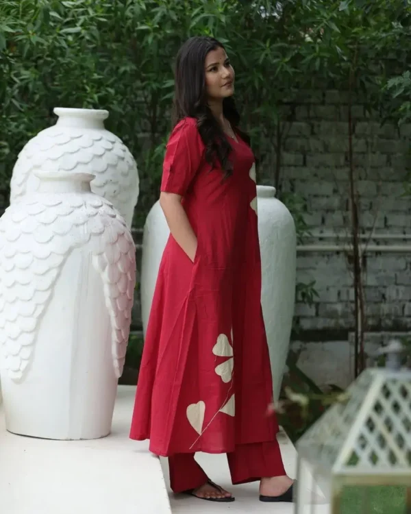 Cotton Red Printed Kurti With Pant