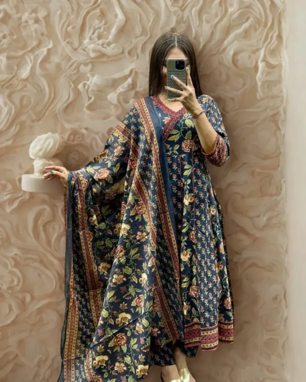 Blue Cotton Kurti Pant With Dupatta Set