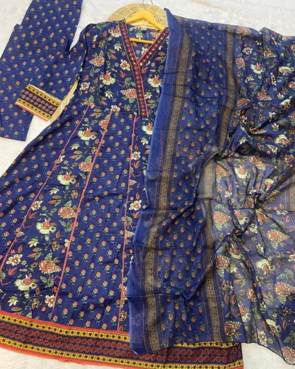 Blue Cotton Kurti Pant With Dupatta Set1