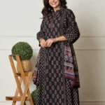 Cotton Black Color Kurti Pant With Dupatta Set