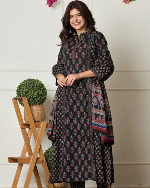 Cotton Black Color Kurti Pant With Dupatta Set