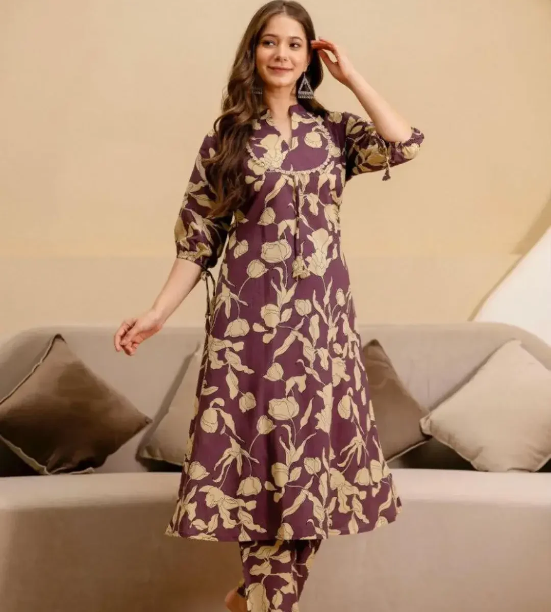 Cotton Black Printed Kurti Pant Set