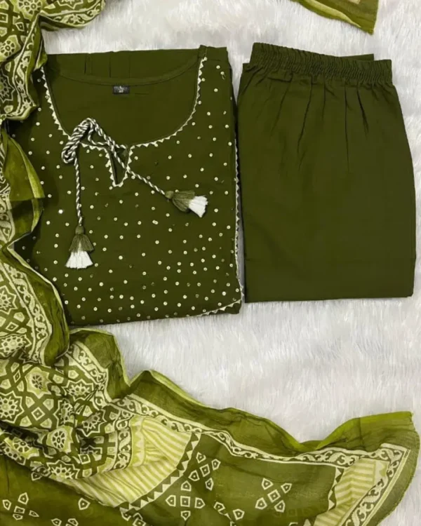 Cotton Dark Green Colour Kurti Pant Set​