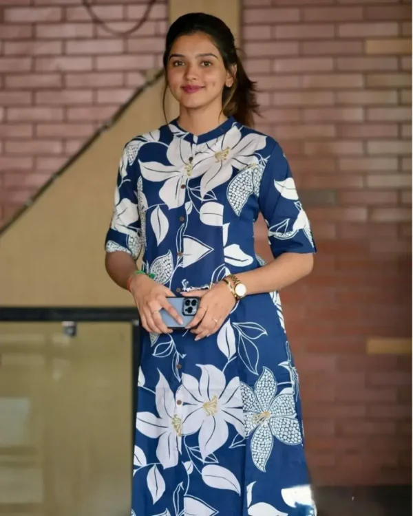 Dark Blue Cotton Kurti Pant Set Front