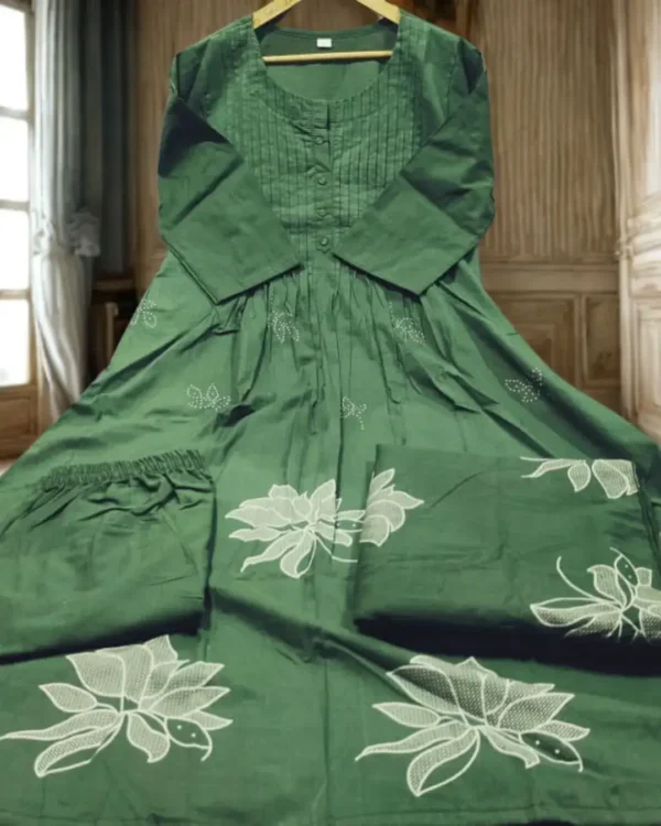 Green Cotton Kurti Pant With Dupatta Set 1