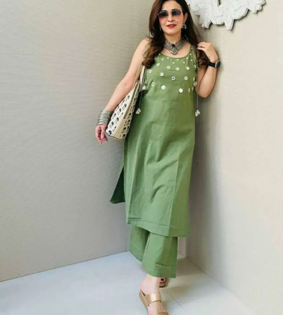 Green Cotton Printed Kurti With Pant Set​