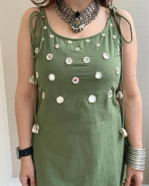 Green Cotton Printed Kurti With Pant Set​ Front