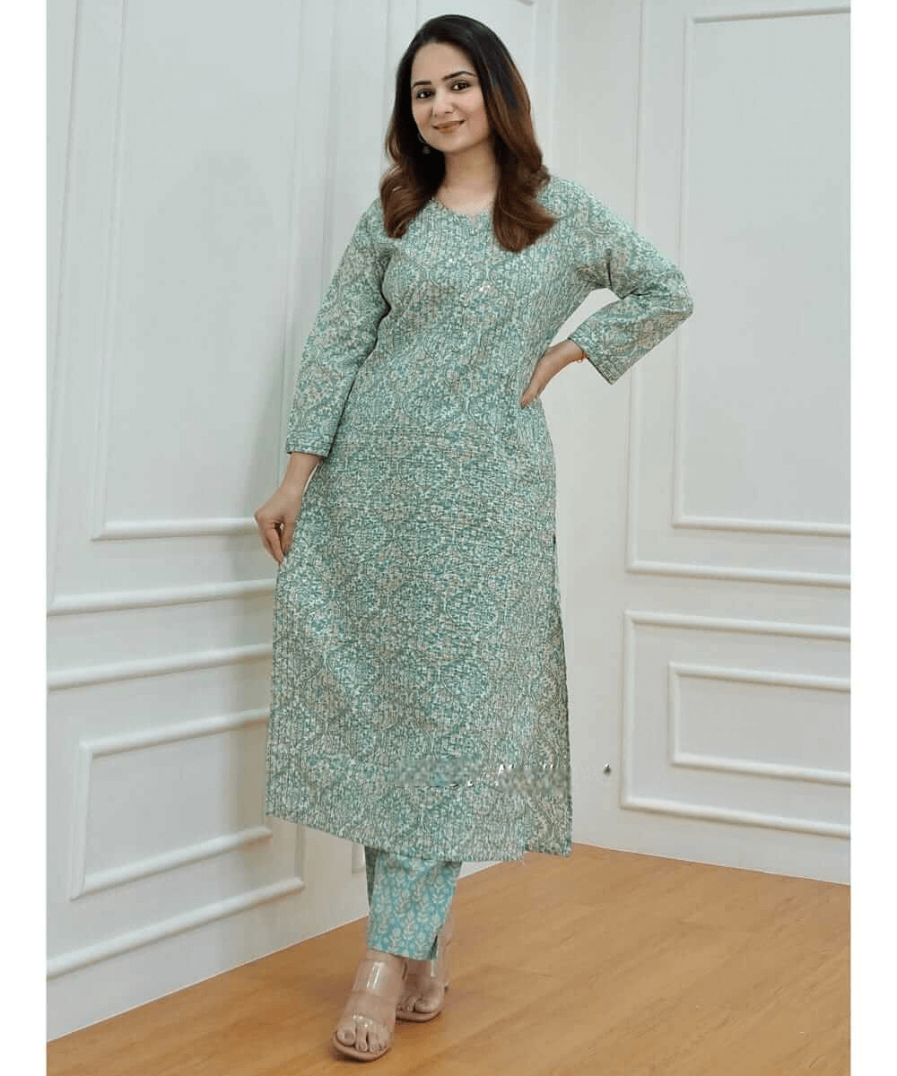 Green Cotton Printed Kurti With Pant Set​