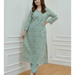 Green Cotton Printed Kurti With Pant Set​