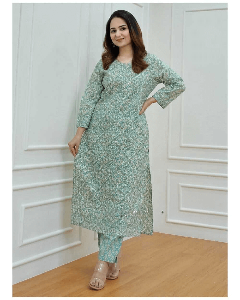 Green Cotton Printed Kurti With Pant Set​