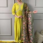 Yellow Chanderi Kurti Pant With Dupatta Set