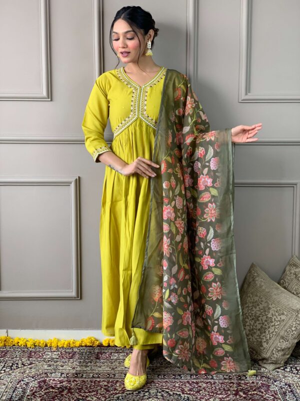 Yellow Chanderi Kurti Pant With Dupatta Set