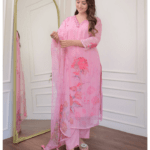 Light Pink Organza Kurti Pant With Dupatta Set​