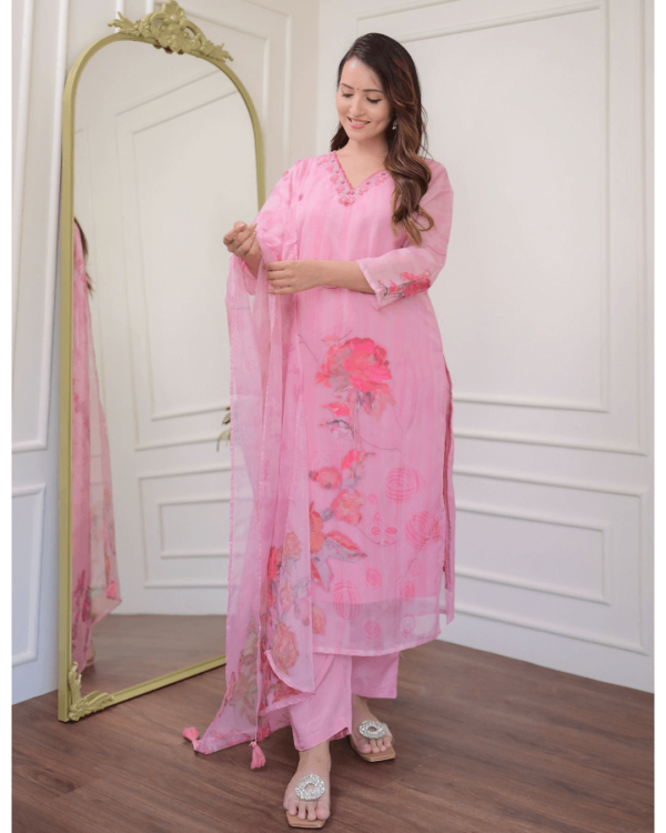 Light Pink Organza Kurti Pant With Dupatta Set​