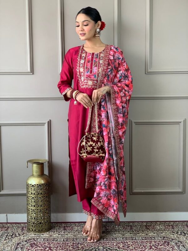 Pink Chanderi Kurti Pant With Dupatta