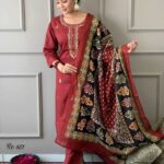 Maroon Cotton Kurti Pant With Design Dupatta