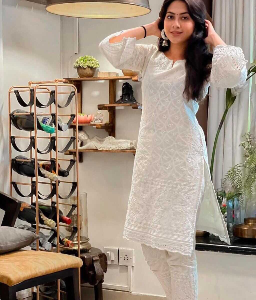 White Cotton Chikankari Kurti With Pant Set
