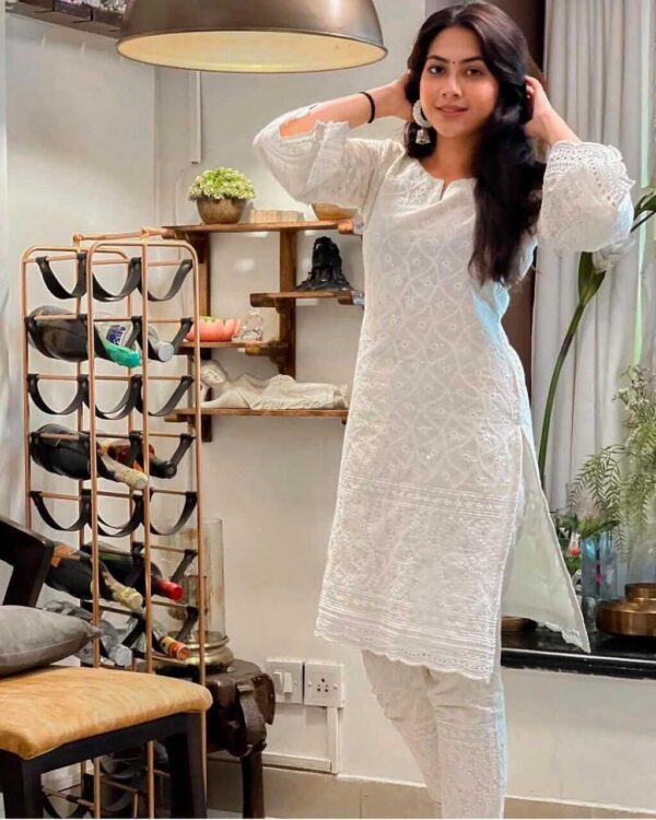 White Cotton Chikankari Kurti With Pant Set