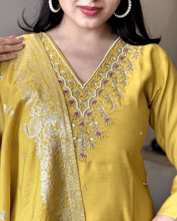 Party Wear Yellow Chanderi Suit Set