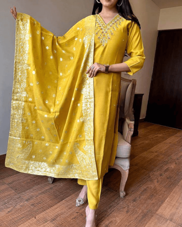 Party Wear Yellow Chanderi Suit Set