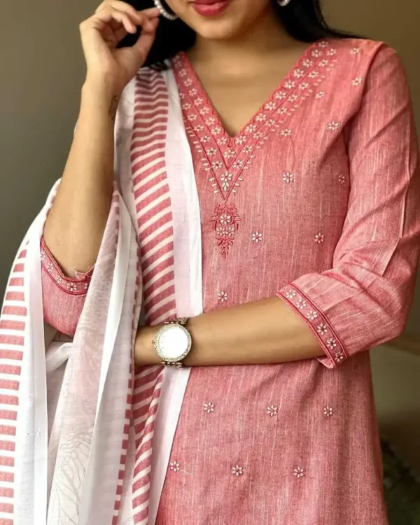 Khadi Cotton Peach Kurti Pant Dupatta Set