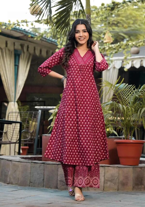 Marron Cotton Kurti Palazzo With Dupatta