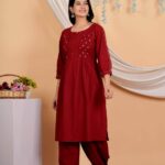 Cotton Dark Red Kurti With Afghani Pant