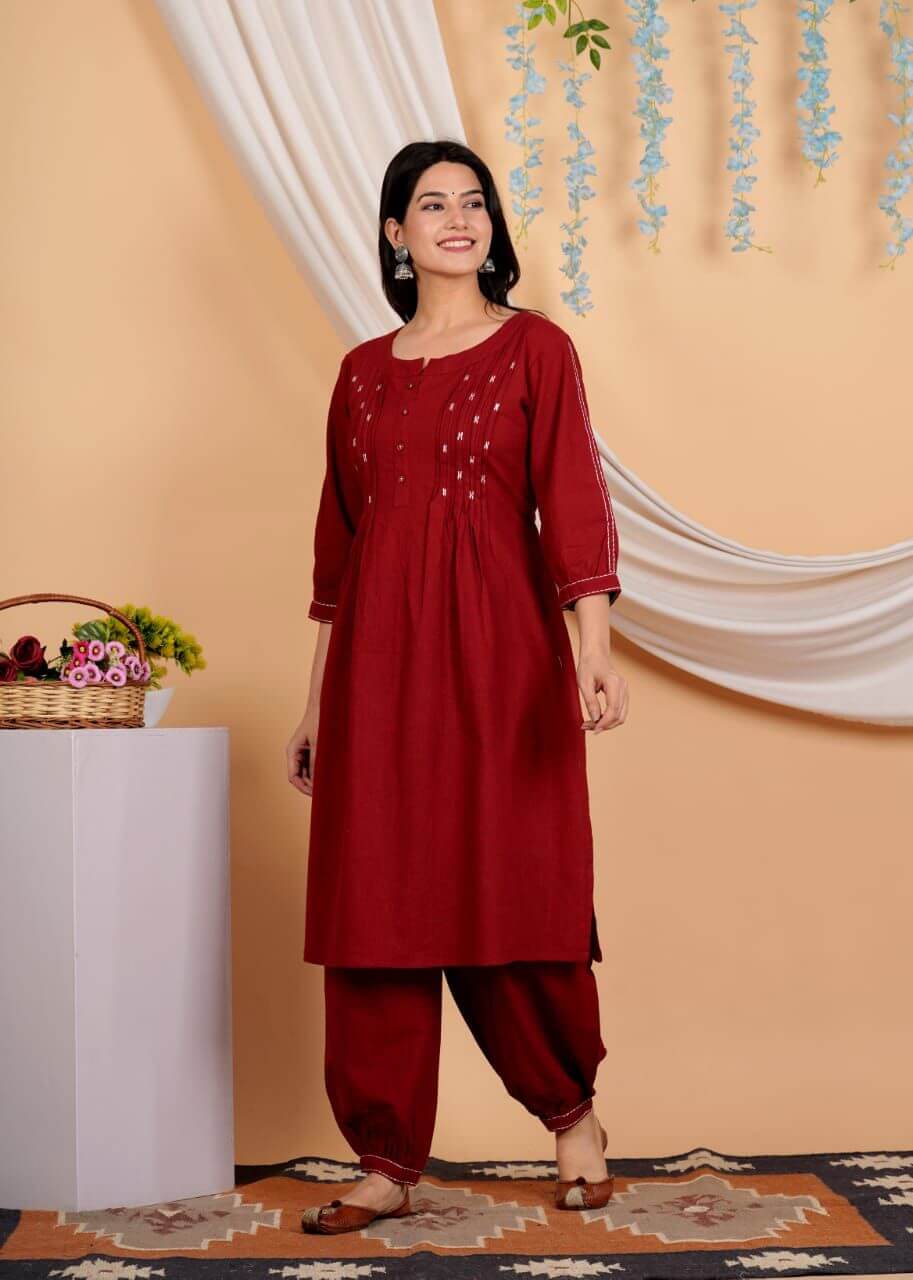 Cotton Dark Red Kurti With Afghani Pant